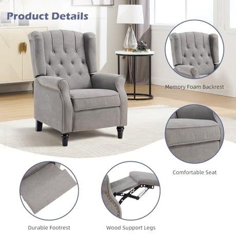 EBELLO Push Back Recliner Chair, Fabric Accent Chair Pushback Recliner with Rivet Decoration, Button-Tufted Back, Mid Century Wingback Armchair for Living Room, Bedroom, Grey EBELLO