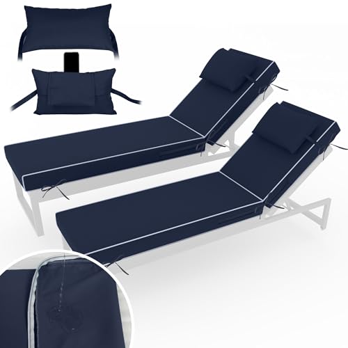 PZDJUMO Chaise Lounge Cushions Outdoor Set of 2 Lounge Chair Cushion 72" L x 21" W with Headrest Straps 3'' Thick Waterproof PU Patio Chaise Cushions Pool Lounger Chair Cushion(Navy Blue)