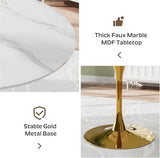 VAKTULS Luxury Round Dining Table Set for 4, 34-Inch Faux Marble Thick MDF Kitchen Table Set with 4 Grey Modern Velvet Dining Chairs for Small Place Coffee Tea, Saving Space(Gold Base) VAKTULS