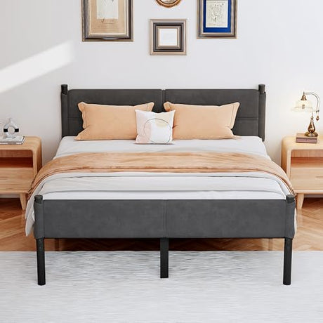 Henshwon Metal Bed Frame,14Inch Full Size Bed Frame with Storage Space,Heavy Duty Sturdy Mattress Foundation,Easy Assembly,No Box Spring Needed,Full Grey Henshwon