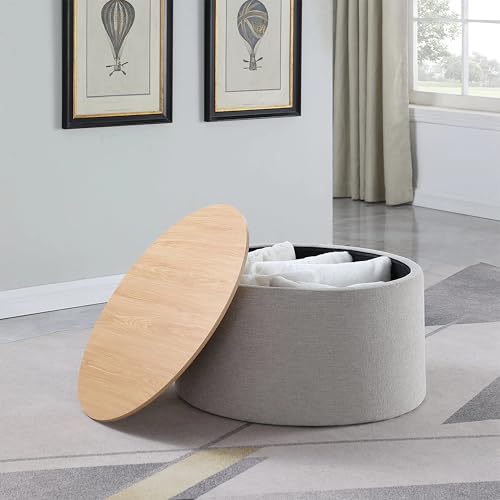 HomePop Storage Ottoman with Wood Grain Top - Light Gray Textured Woven HomePop