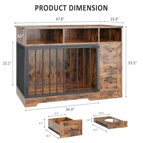 48'' Dog Crate Furniture, Farmhouse Heavy Duty Dog Kennel with Bowl & Storage Drawers, Medium Dog Cage End Table for Small Medium Dogs, Retro Brown GarveeLife
