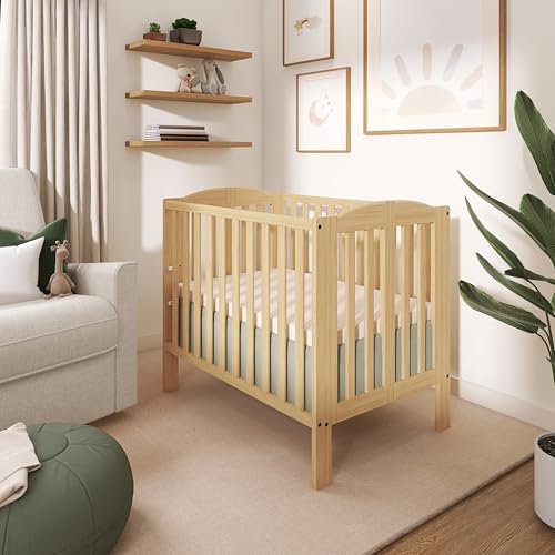 Dream On Me 3-in-1 Portable Folding Stationary Side Mini Baby Crib in Natural & Mattress, GreenGuard Gold & BSA, Use as Changer & Playpen, Locking Wheels, 3 Mattress Heights, Extra Firm Mattress