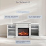 BELLEZE Modern 66" Mantel with Electric Fireplace Heater with Sound,Modern TV Stand for TVs up to 75", Media Entertainment Center with Side Shelves - Lenore (White) BELLEZE