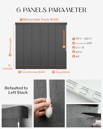 Heefen Adjustable Panel Track Blinds Blackout Vertical Blinds with Valance, Sliding Glass Door Blinds, Room Dividers, Retractable Track from 74" to 133" W, Trimmable Panel Up to 102" H (Dark Grey) Heefen