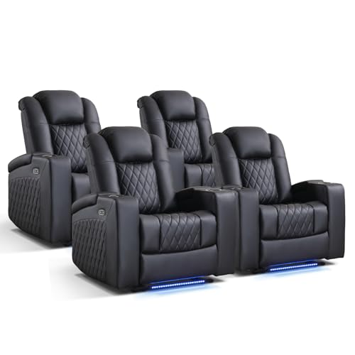 ANJ Home Theater Seating Power Recliner Set of 4 with Arm Storage, Faux Leather Recliner Sofa with LED Light, Electric Movie Reclining Chairs with USB Ports & Cup Holders for Media Living Room, Black