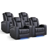 ANJ Home Theater Seating Power Recliner Set of 4 with Arm Storage, Faux Leather Recliner Sofa with LED Light, Electric Movie Reclining Chairs with USB Ports & Cup Holders for Media Living Room, Black