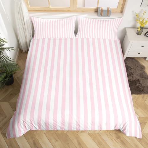 Manfei Striped Duvet Cover Set Full Size,Minimalist Vertical Stripes Bedding Set 2 Pcs for Boys Girls Adults,Modern Style Pink White Comforter Cover(No Filler),Line Art Quilt Cover Manfei