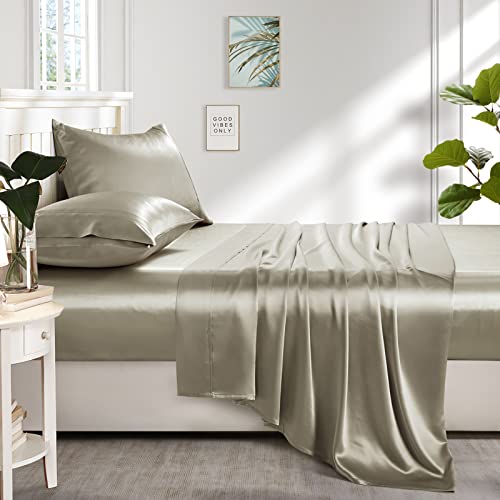 Lanest Housing Silk Satin Sheets, Queen Size Satin Bed Sheet Set with Deep Pockets, Cooling Soft and Hypoallergenic Satin Sheets Queen - Taupe Lanest Housing