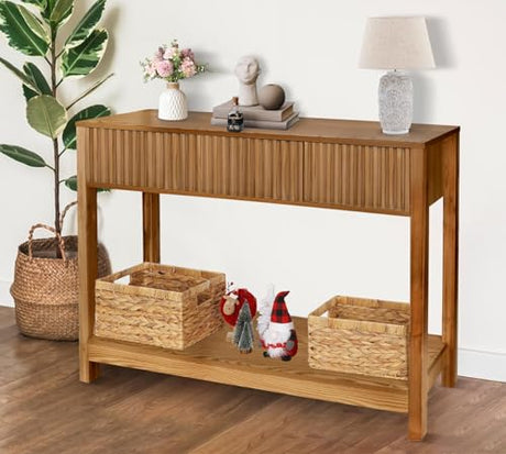 Fluted Console Table with Storage, 48" Long Entryway Slim Sofa Table Behind Couch Entry Tables, Narrow Wood Hallway Modern Living Room Couch Foyer Entrance Tables Brown ZYBT