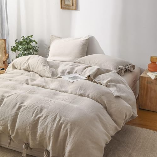 Simple&Opulence 100% Linen Duvet Cover Set, 3 Pieces Belgian Flax Breathable Bedding, Queen Size 88''x92'' (1 Comforter Cover+2 Pillowshams) with Tie Closure Style,Linen Simple&Opulence