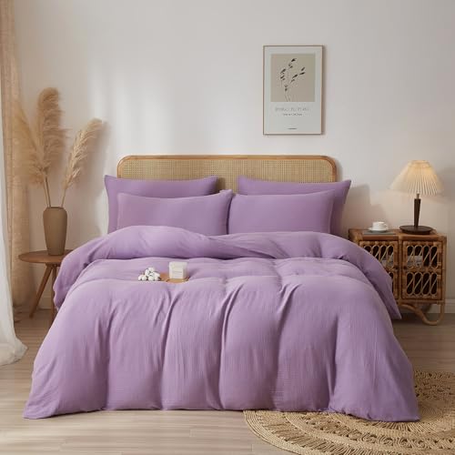 YASMENG 100% Cotton Muslin Duvet Cover Set Twin Size Purple, Ultra Soft Breathable Absorbent Gauze Bedding Duvet Cover, Luxurious Minimalist Natural Wrinkle Linen Textured Comforter Cover 68" x 90" YASMENG