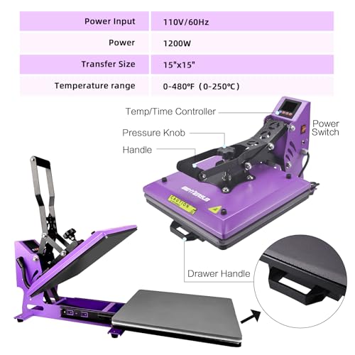 BetterSub Heat Press Machine 15x15 Inch, Digital Slide Out Drawer Heat Press for T-Shirts, 1000W Heat Press Machine for DTF, Sublimation, HTV Transfers, with LCD Control Panel & Pressure Adjustment BetterSub
