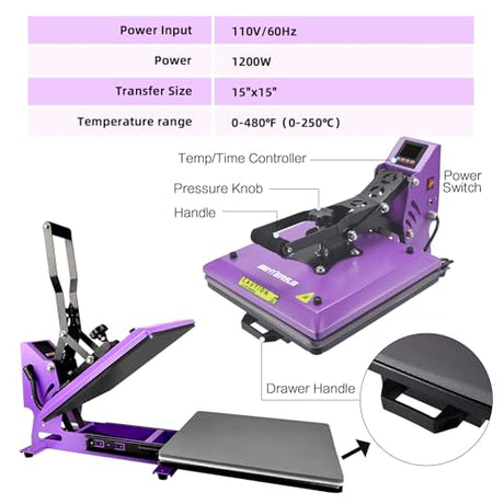 BetterSub Heat Press Machine 15x15 Inch, Digital Slide Out Drawer Heat Press for T-Shirts, 1000W Heat Press Machine for DTF, Sublimation, HTV Transfers, with LCD Control Panel & Pressure Adjustment BetterSub