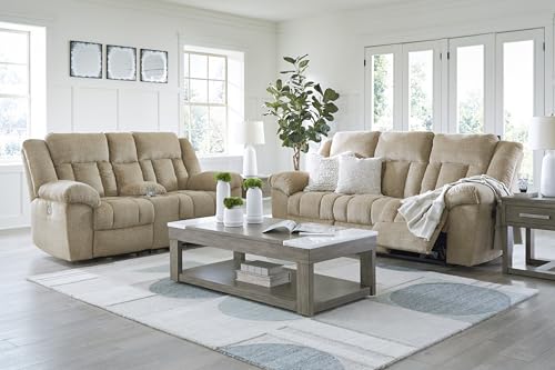 Signature Design by Ashley Tip-Off Classic Wall Hugger Power Reclining Sofa with Adjustable Headrest and USB Ports, Light Brown Signature Design by Ashley