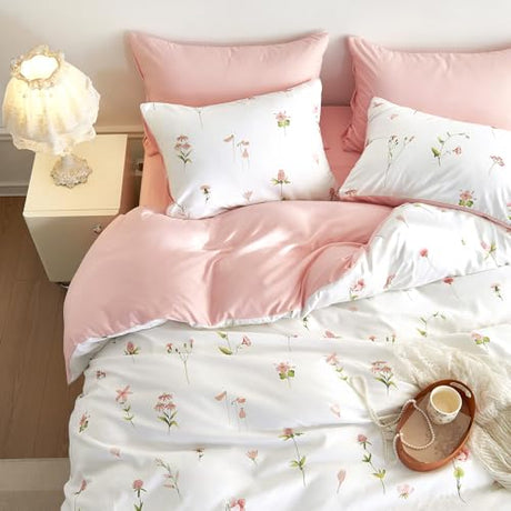 Wake In Cloud - Floral Comforter Set, Cottagecore Cute Aesthetic Watercolor Tiny Flowers and Leaves, Soft Lightweight Bedding for Women Teen Girls, 3 Pieces, Pink, Full Size Wake In Cloud