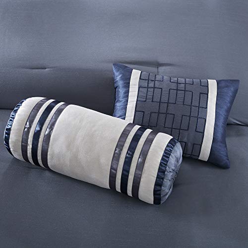 Madison Park Cozy Comforter Set-Deluxe Hotel Collection, All Season Down Alternative Luxury Bedding with Matching Shams, Decorative Pillows, Cal King(104"x92"), Genevieve, Navy 7 Piece Madison Park