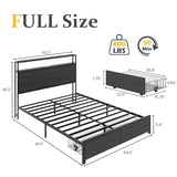 Lifezone Full Bed Frame with 2-Tier Storage Headboard, Metal Bed Frame with Storage Drawers & Built-in Charging Station & LED, Noise-Free, No Box Spring Needed, Easy Assembly, Rustic Grey Lifezone
