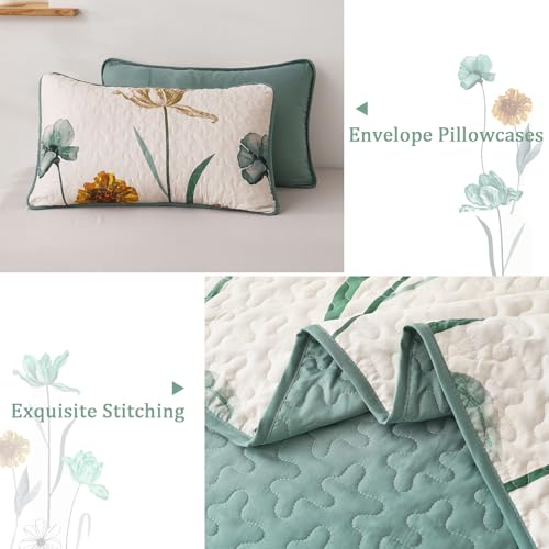 WONGS BEDDING Floral Quilt Set Queen,Green Yellow Floral Botanical Bedspread Bedding Set with 2 Pillowcase,Lightweight Summer Farmhouse Coverlet Set for All Season (96"x90") WONGS BEDDING