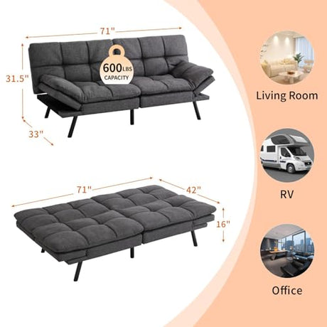 MUUEGM Convertible Futon Sofa Bed Memory Foam 71" Sofabed Modern Loveseat Sleeper Sofa with Adjustable Backrest & Armrest for Small Space Office Couch for Living Room,Apartment,Office MUUEGM