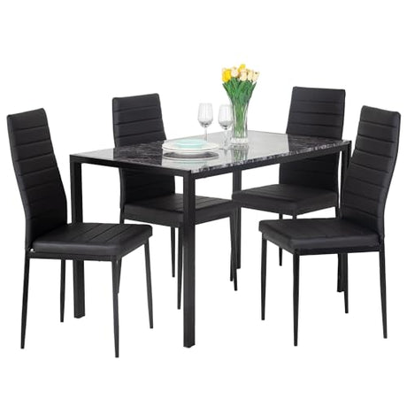 PayLessHere Dining Table and Chairs Set, Modern Rectangular Marble Table top with 4 Chairs PU Leather for Dining Room and Kitchen, Black Marble PayLessHere