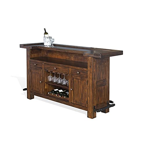 Pemberly Row 78" Farmhouse Wood Freestanding Island Home Bar Unit, Stemware Rack, Wine Rack, Storage Cabinets, for Kitchen and Basements, in Mahogany Brown Pemberly Row