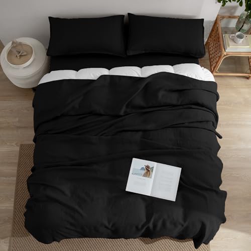 EVERLY Linen Sheets Set Queen Size,100% French Stonewash Pure Linen Sheets Set,4Pieces (1Flat Sheet,1Fitted Sheet,2Pillowcase) Suitable for Hot Sleepers,Deep Pocket Natural Bedding Set-Black EVERLY