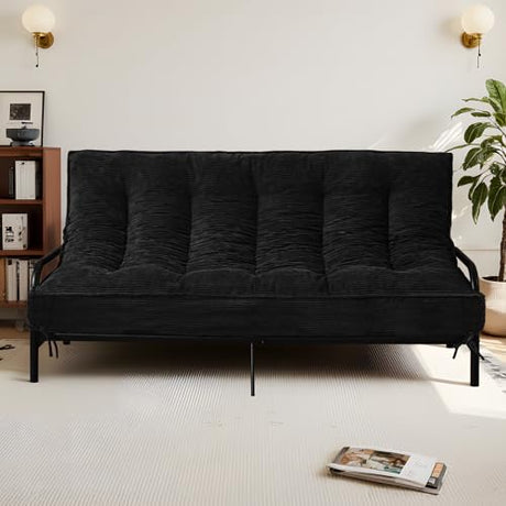 8 Inch Futon Mattress Full Size, Futon Floor Sofa Bed Foldable with Soft Corduroy Fabric - High Resilience Foam Filling - 2 Storage Straps for Home, Guest Room, Dorm, Black (Frame Not Included) Winzoo