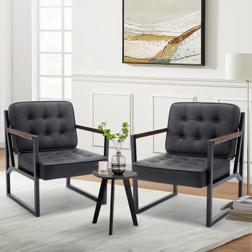 COLAMY Mid Century Modern Accent Chair Set of 2, Comfy Living Room Chair, Black Leather Accent Chair, Faux Leather Reception Armchair with Metal Legs for Living Room Bedroom Reception Office, Black COLAMY