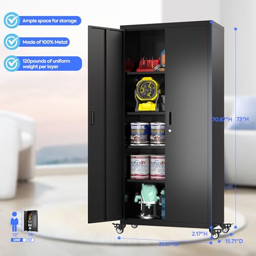 Metal Storage Cabinet with Wheels, 73"H Garage Storage Cabinet with 4 Adjustable Shelves and Locking Doors, Industrial Storage Cabinet for Garage Home Office Utility Room (Black)-Required Assembly Reemoon
