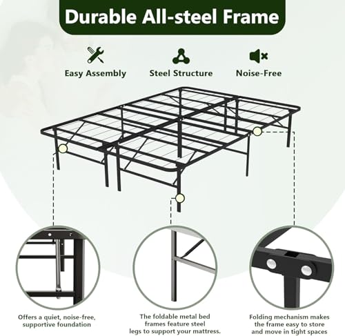 MAKE CHANGES Foldable Full Size Bed Frame，Metal Platform with 14" Underbed Storage, Heavy Duty，Noise Free,Easy Foldable Assembly, No Box Spring Needed,Black MAKE CHANGES
