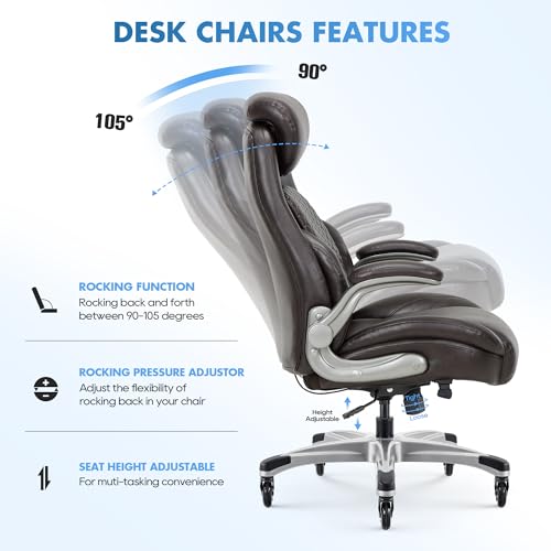 COLAMY Office Ergonomic Desk High Back Executive Chair with Pop-Out Lumbar Support, Upgraded Casters, Adjustable Headrest, Flip-Up Arms, Leather Home with Thick Cushion for Comfort - Brown COLAMY