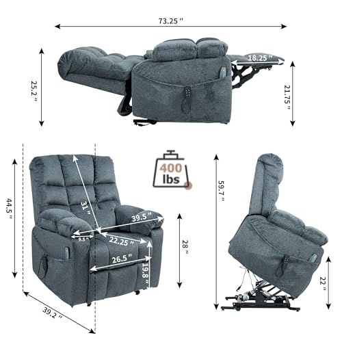 REHOUSING Oversized Power Lift Recliner Big Man 400lbs, Extra Wide Recliner Chair with Lifts Vertically for Elderly, Features Cup Holder, Heat and Massage, Zero Gravity Lay Flat for Adults (Blue)