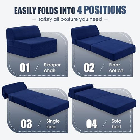 Kasunpul Folding Sofa Bed with Pillow, Memory Foam Fold Out Chair Bed, Convertible Sleeper Chair with Washable Cover, Futon Floor Couch for Living Room/Dorm/Guest Use/Home Office/Apartment, Navy Blue Kasunpul