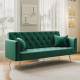 72"Modern Velvet Sofa Bed Futon,Convertible Folding Sleeper Bed Couches with 3 Adjustable Backrests,Tufted Recliner Love Seat with Golden Chrome Legs for Living Room Apartment Office (Green+pillows) Anwick
