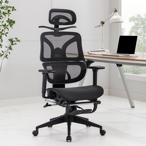 VECELO Swivel Ergonomic High Back Mesh Office Chair with Retractable Footrest, Adjustable Backrest, Tilt Function, 3D Armrests & Headrest, Lumbar Support for Executive/Computer Desk/Task Work, Black VECELO