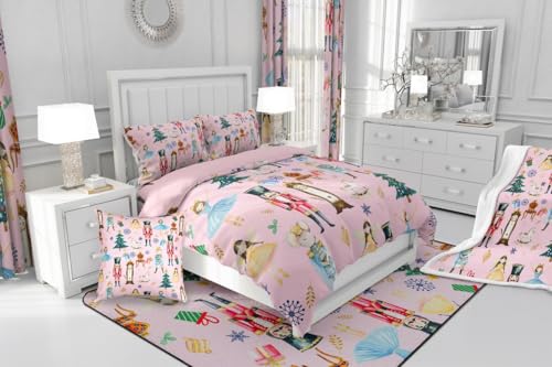 Erosebridal Pink Christmas Twin Size Comforter Set with Sheets Kids Nutcracker 7-Piece Bedding Set Carousel Soldier Bed in a Bag Ballet Girl Xmas Tree Bed Quilt Sets for Boy Girl Teen Adult Erosebridal