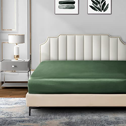 Pothuiny Satin Fitted Sheet - Ultra Soft Deep Pocket, Woodland Green, Single Mattress Cover (12" to 16") P Pothuiny