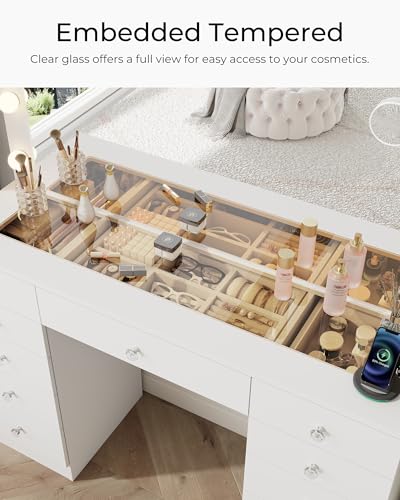 Otterease White Makeup Vanity, 11 Drawers Vanity with Mirror and 12 LED Lights, Makeup Vanity Desk with 3 Lighting Modes Adjustable Brightness, Vanity with Glass Top for Bedroom Otterease