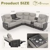 Dresegmt Home Theater Seating, Manual Recliner Sectional Sofa for Living Room, 5 Seater Reclining Sectional Couch with Flip-Up Backrest, Storage Console, USB Ports, Grey Linen & Chocolate Leather