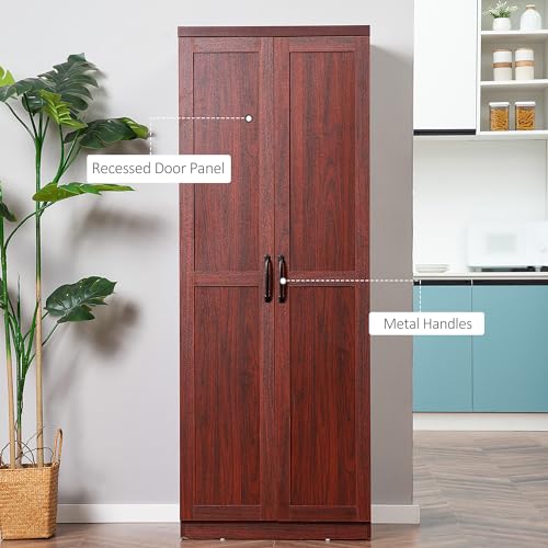 HOMCOM 63" 2-Door Kitchen Pantry, Freestanding Storage Cabinet with 5-tier Shelving and 2 Adjustable Shelves for Dining Room, Cherry Wood Color HOMCOM