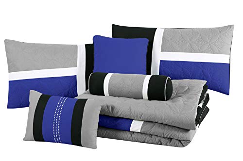 Chezmoi Collection Upland 7-Piece Quilted Patchwork Comforter Set, Blue/Black/Gray, Full Chezmoi Collection