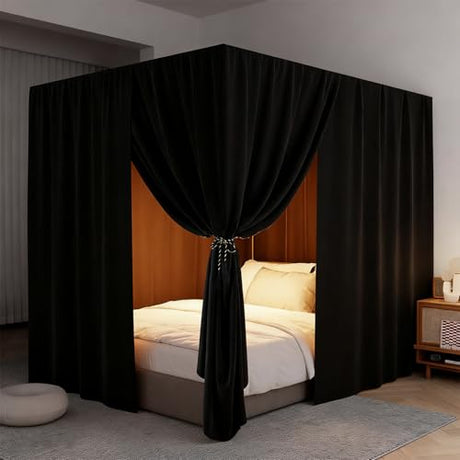 YRDKB Black Canopy Bed Curtains - 4 Corner Post Bed Curtains Queen Lightproof Siamesed Drapes Bed Canopy for Adults & Girls Bedroom Decoration(Black,Queen) YRDKB