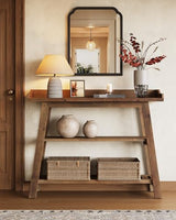 LITTLE TREE Solid Wood Entryway Table, 45" Narrow Console Table for Entryway, 3-Tier Modern Farmhouse Behind Couch Sofa Table with Raised Sided Back Panel for Entrance, Entry, Hallway, Dark Brown LITTLE TREE
