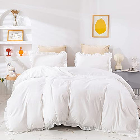 CLOTHKNOW White Ruffles Queen Comforter Set Farmhouse Bedding Comforter Sets Shabby Chic Comforter Soft Comforter with 2 x Pillow Cases CLOTHKNOW