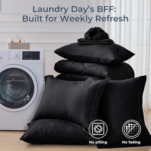 HEVUMYI Black King Comforter Set - 7-Piece All Season Bed in a Bag King, Ultra Soft Bedding Set with Comforter, Flat Sheet, Fitted Sheet, Pillowcases, Pillow Shams, Black HEVUMYI