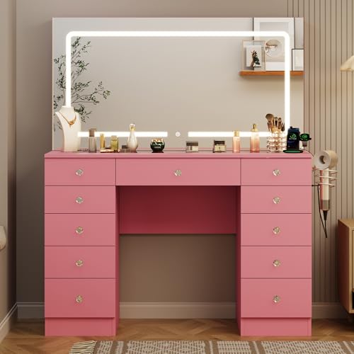 Furnivado Vanity Mirror with Lights, Vanity with Lighted Mirror, 11 Drawers Makeup Vanity Desk with 3 Lighting Modes Adjustable Brightness, Pink Vanity with Glass Top for Bedroom Furnivado