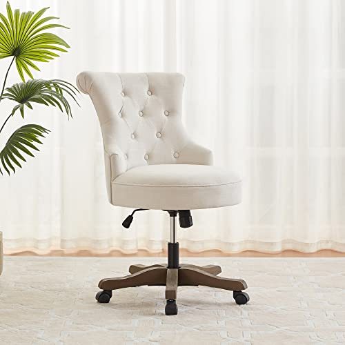 Batohom Home Office Chair Adjustable Height Swivel Chair with Wheels Linen Fabric Upholstered Computer Desk Chair with Wooden Legs Comfortable Armless Chair for Home Office Study Studio(Beige) Batohom
