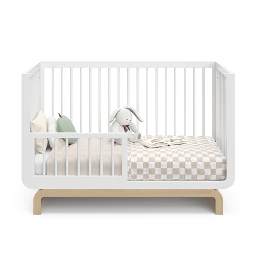 Storkcraft Santorini Deluxe 5-in-1 Convertible Crib with Bonus Toddler Guardrail (White with Driftwood) – GREENGUARD Gold Certified, Toddler Guardrail Included in Box, Fits Standard Crib Matt - WoodArtSupply