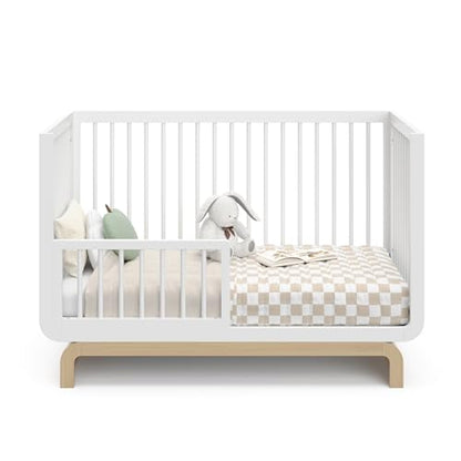 Storkcraft Santorini Deluxe 5-in-1 Convertible Crib with Bonus Toddler Guardrail (White with Driftwood) – GREENGUARD Gold Certified, Toddler Guardrail Included in Box, Fits Standard Crib Mattress